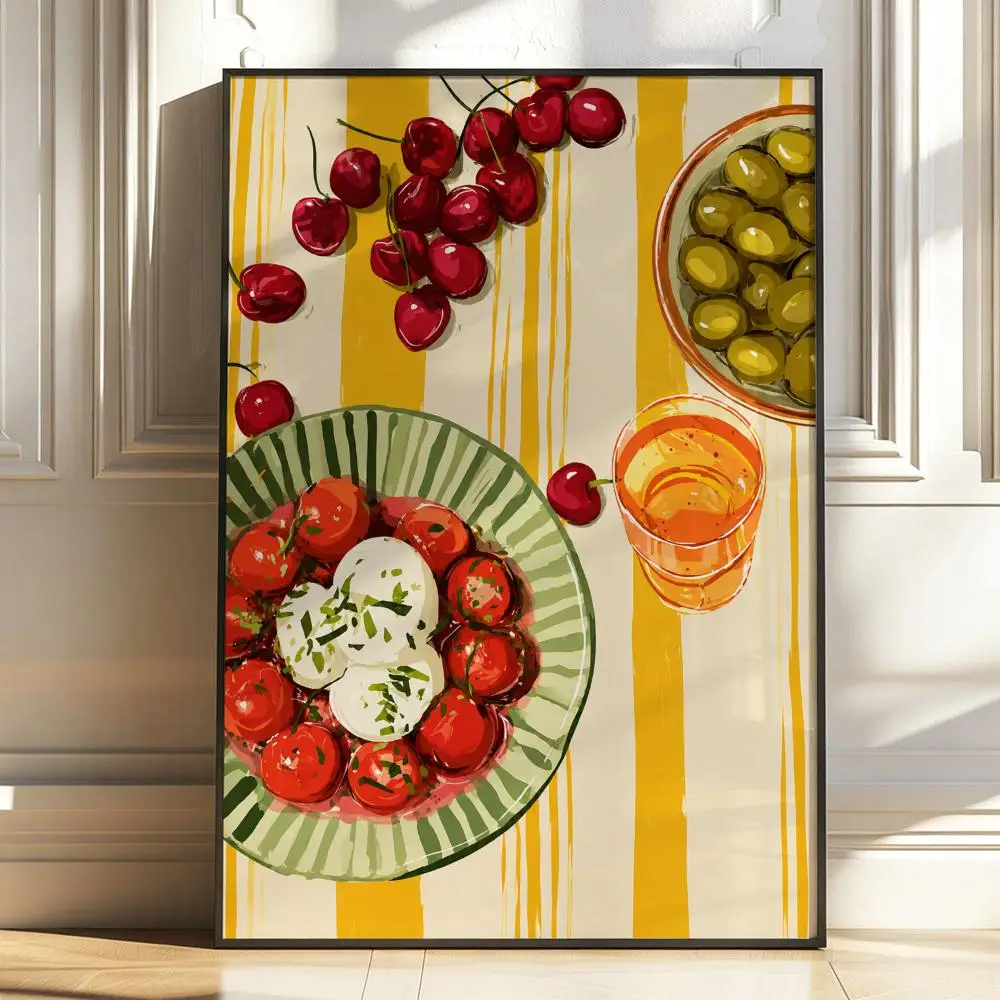 Mediterranean Food Flat Lay Poster Stickers Painting Self-Adhesive HD Art for Bedroom Living Room Home Decor Wall Decals Gift