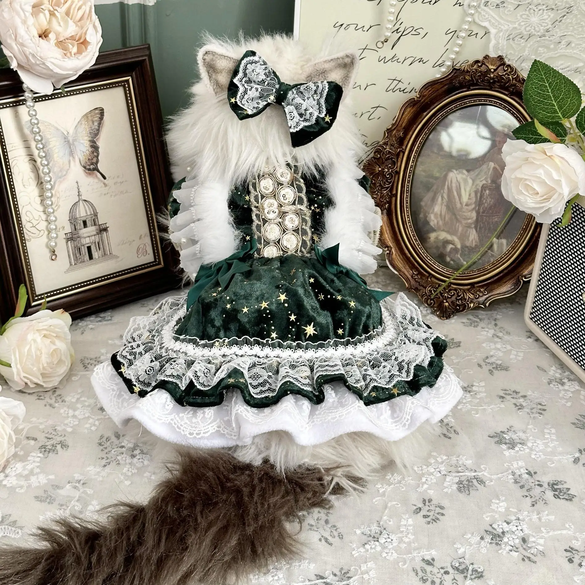 

Pet clothes Green velvet pet gown with pattern lace collar bow detail festive outfit for cats photography Costume for cat dress