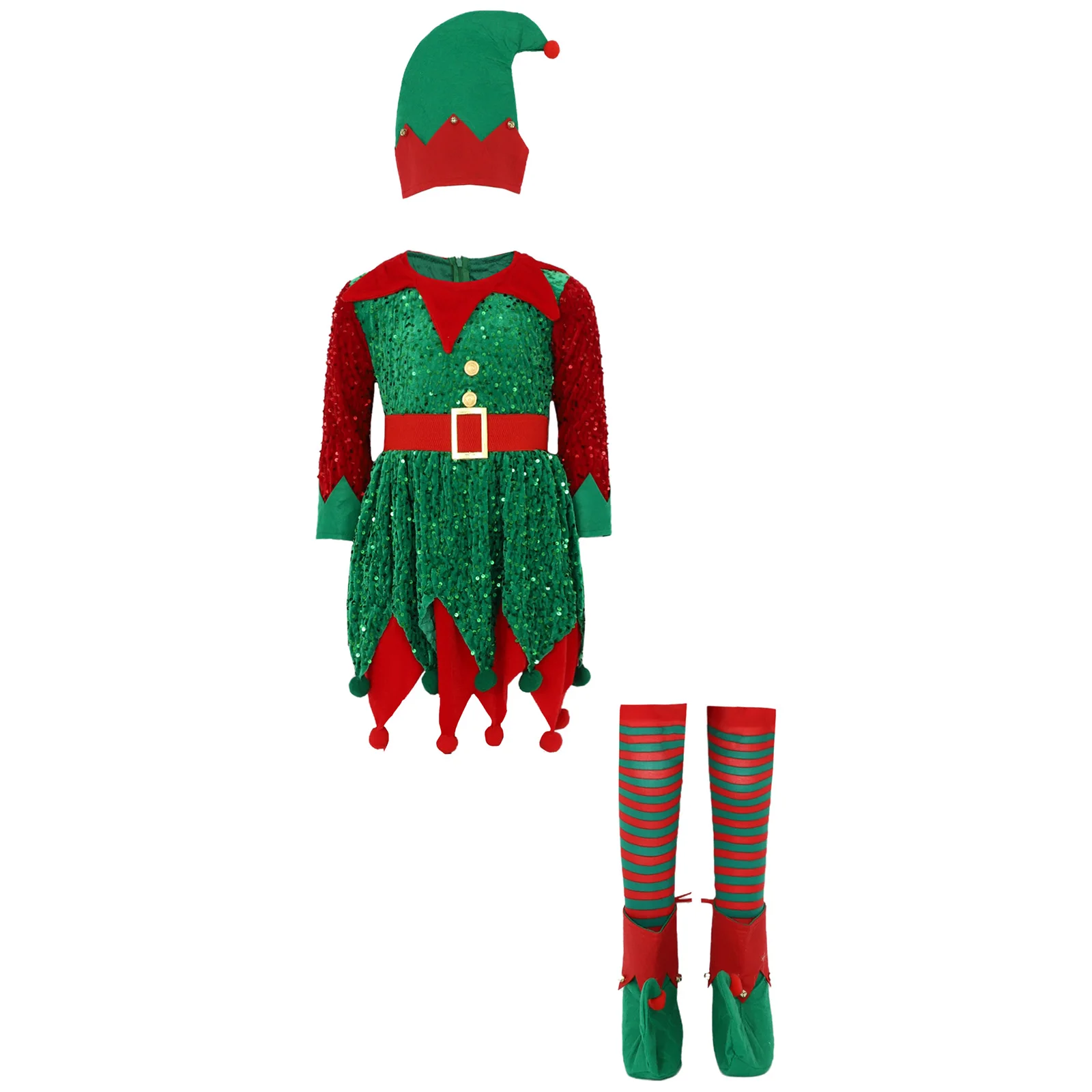 

Girls Christmas Helper Costume Santa Outfit Set Long Sleeve Zipper Sequins Jagged Hem Dress and Bells Hat Socks Shoes Covers