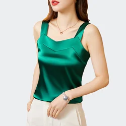 Summer Bottoming Satin Tanks Camis Vest All-match Fashion Sleeveless T-shirts Women Casual Square Collar Straped Tank Tops Women