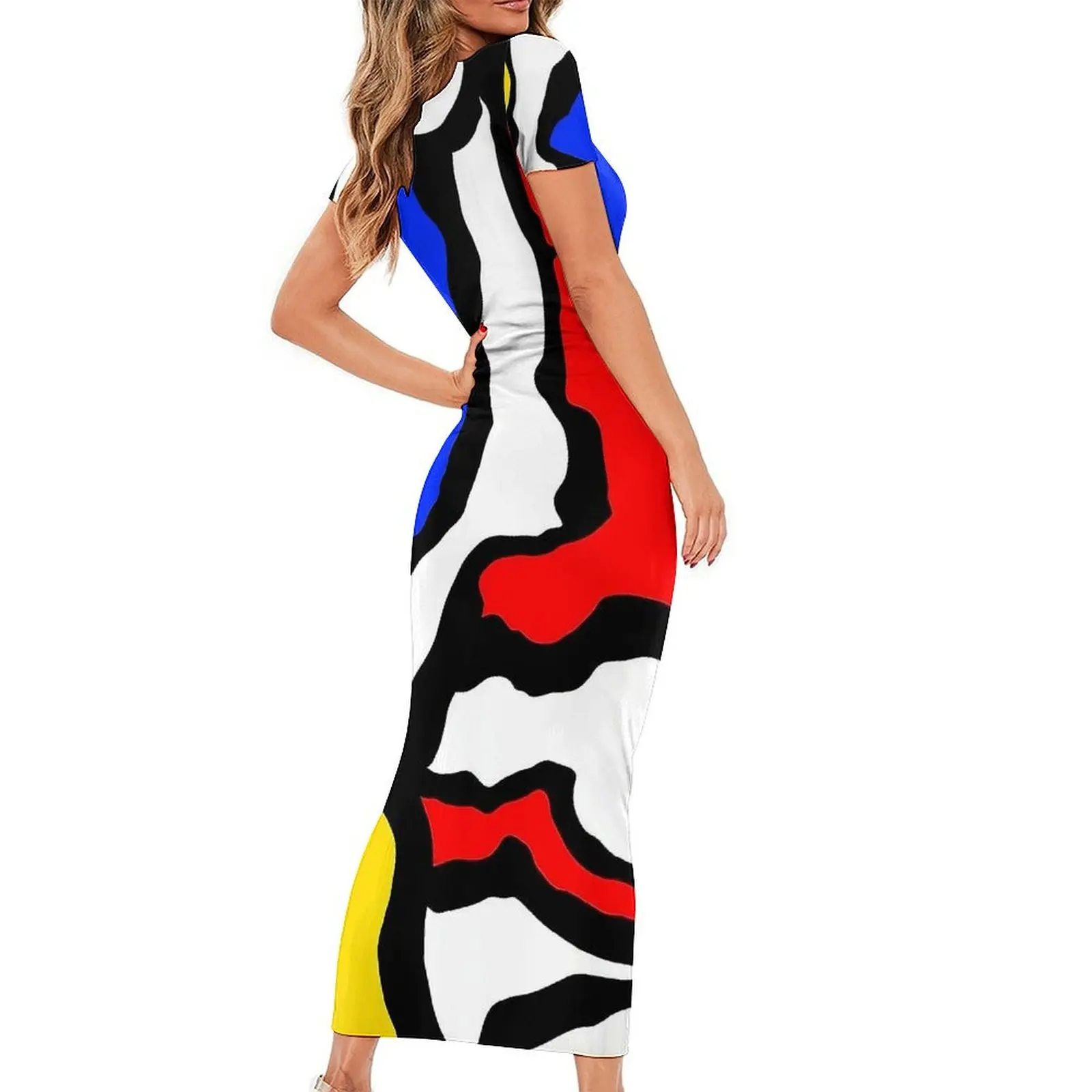 Mondrian Bodycon Dress Female Stripes Red Yellow and Blue Retro Maxi Dresses Holiday Short Sleeve Street Fashion Oversized Dress