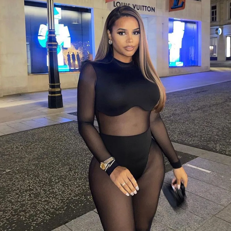 Women Long Sleeve Bodycon Sexy Jumpsuits Black See Through Mesh Patchwork Rompers Fashion Nightclub Party Wear Female Clothes