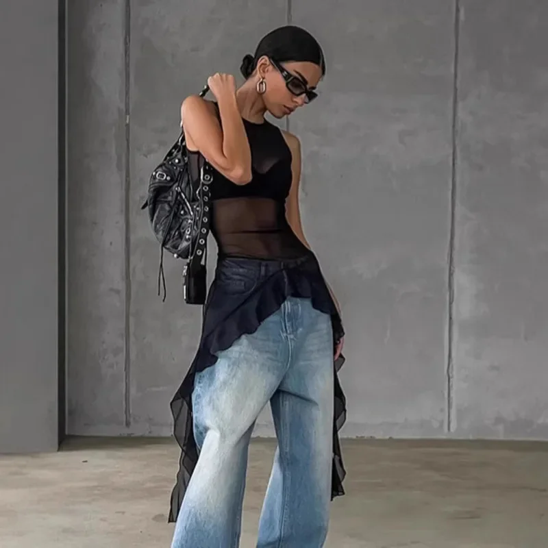 شبكة انظر من خلال تي شيرت بلا أكمام غاسل لصق أعلى سليم صالح بلون مثير عارضة حزب الشاطئ الأزياء بلوزة للنساء