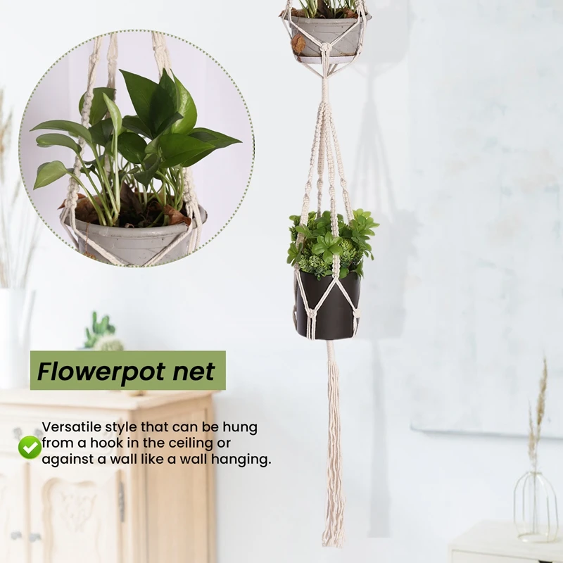 Macrame Double Plant Hanger Indoor Outdoor 2 Tier Hanging Planter Cotton Rope 4 Legs 67 Inch