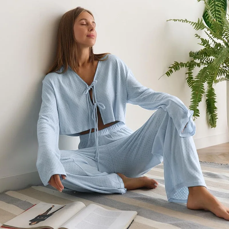 New Solid Color Knitted Jacquard Long Sleeve Open Umbilical Pajama Pants Two Piece Comfortable Home Clothes for Women