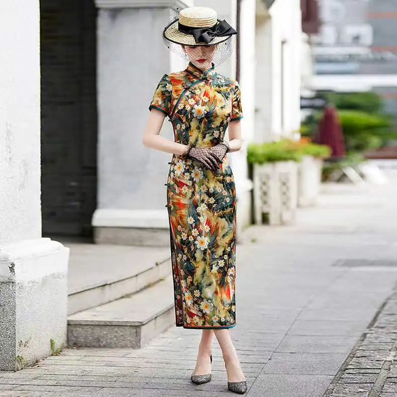 High Quality Improved Real Silk Cheongsam Qipao 2024 New Summer Short Sleeve Chinese Retro Style Gown