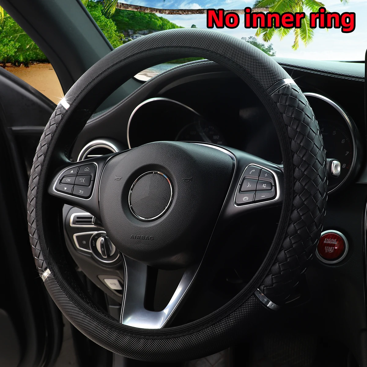 Dynamic PU Leather Metal Braided Steering Wheel Cover 14.5-15 Inch Fit Car Upholstery without Inner Ring 3D Texture
