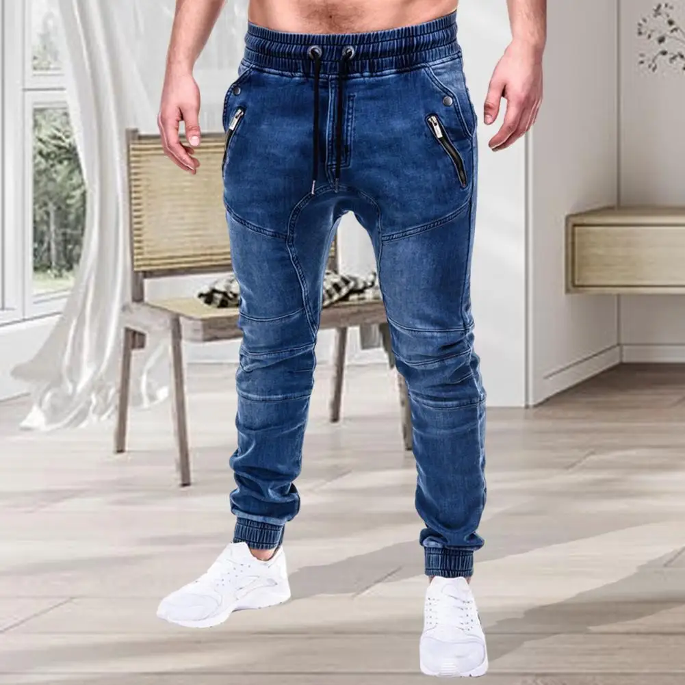 

New Men Jeans Dark Blue Grey Pockets Skinny Pencil Pants Summer Washable Ankle Tied Denim Pants Washable Lace-up Denim Trousers