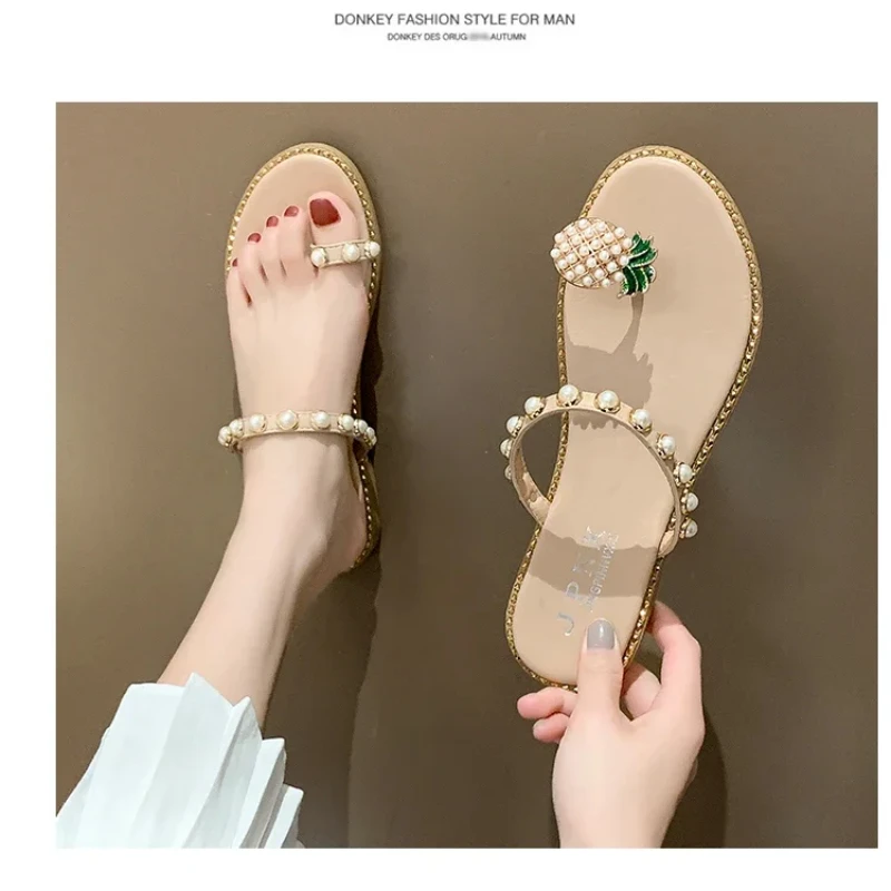 Casual Women Slipper Pineapple Pearl Flat Toe Bohemian Casual Shoes Beach Sandals Slippers De Mujer Verano designer sandals