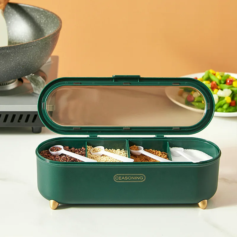 Organizer Kitchen Storage Seasoning Box Seal Detachable Transparent Compartment Salt Chicken Essence Moisture Proof Box