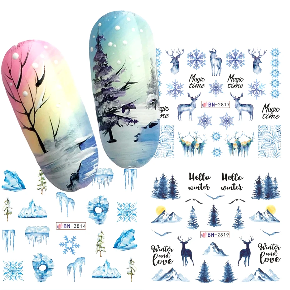 12Designs Christmas Nail Water Stickers Winter Landscape Snowy Tree Deer Watermark Transfer Decal For Nails Decoration Manicure