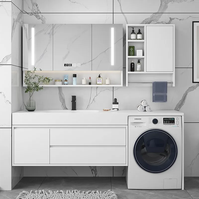 Corian integrated basin bathroom cabinet combination cream style balcony washing machine cabinet solid wood basin
