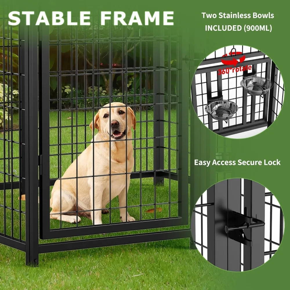 Large Dog Kennel Outdoor Pet Pens Dogs Metal Coop Fence With Rotating Bowl (4'L X 4'W X 4.25'H) Freight Free Playpen Cages