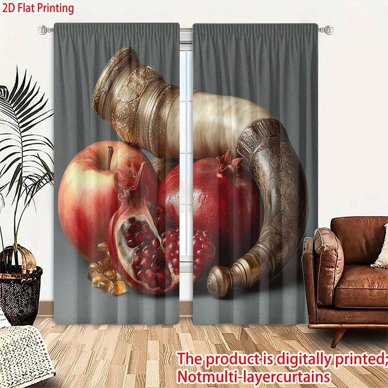 Rosh Hashanah Curtains Printed Jewish New Year Holiday Decor with Shofar Apple Pomegranate Honey Living Room Bedroom Drapes