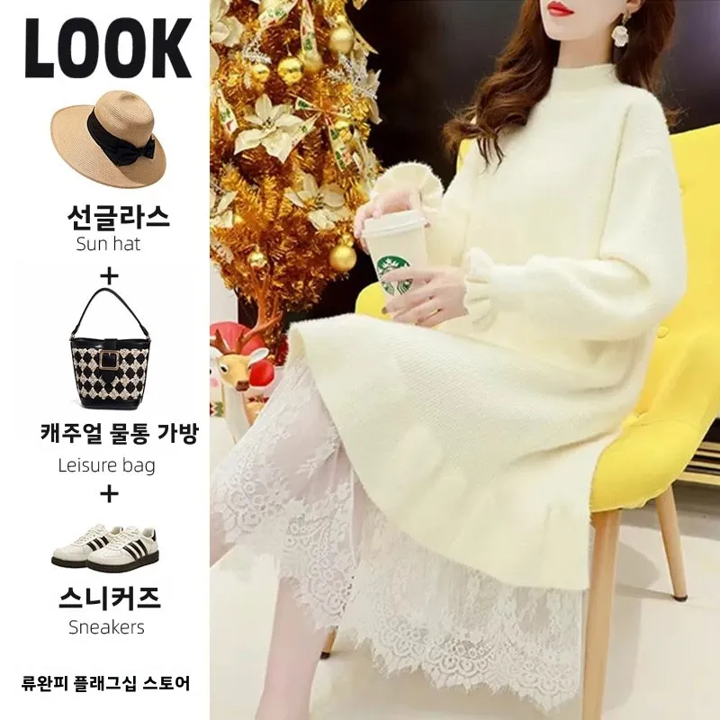 winter-white-inner-wear-dr-women's-mid-length-knitted-long-sve-dr-autumn-winter-sle-pure-color-casual-midi-dr