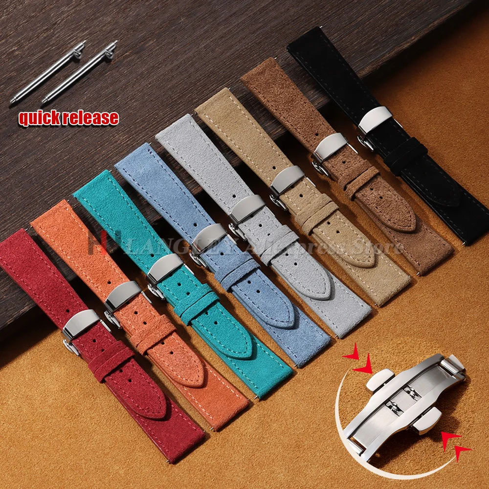 18mm 19mm 20mm 22mm Vintage Suede Leather Watch Band Strap for Samsung Galaxy Watch 7/6/5/4 for Huawei Butterfly Buckle Bracelet