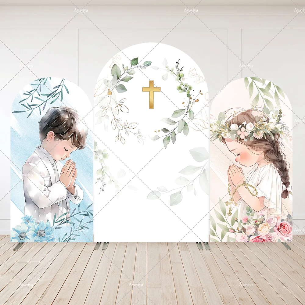 Arco de bautismo telón de fondo soporte cubierta Dios bendiga fiesta de bautizo flores verdes personalizado bebé niña niño arqueado Chiara paneles de pared