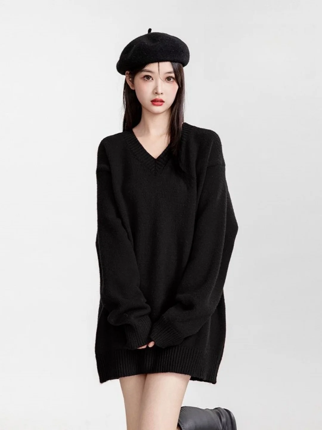 

Свитер большого размера с V-образным вырезом, свободный, вязаный, скрывающий живот, стройнящий, с длинными рукавами, осенне-зимний, в стиле lazy style, модная одежда больших размеров