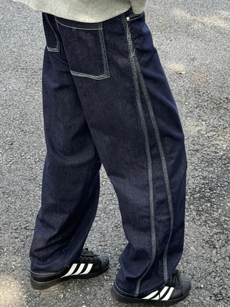 

Deep Blue Men's Loose Straight Leg Jeans Autumn Winter High Street Wide Leg Pants American Retro Vibe Knife Banana Jeans