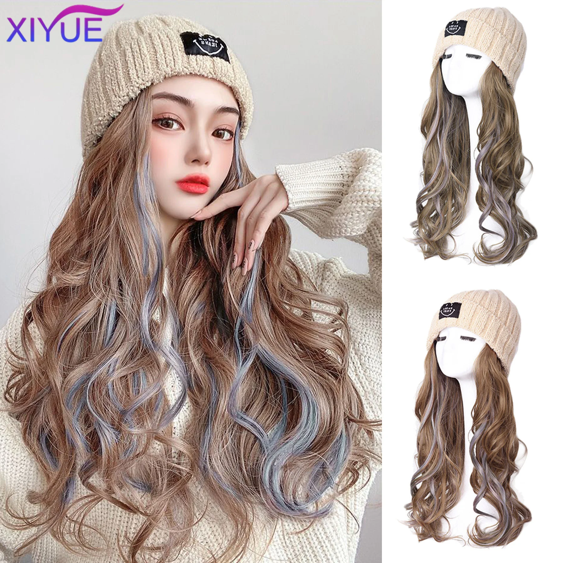 XIYUE Natural Black Mi Bai Wavey Hat wigs Cap Connect Synthetic Wigs Hair for Women Cosplay Daily Party Use High Resistant Fiber