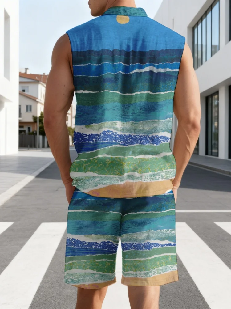 Fashion Summer Men's 2Pcs Set 2026 Ocean Wave Print Vacation Sleeveless Shirt and Shorts Outfits Breathable Casual Streetwears - view 5