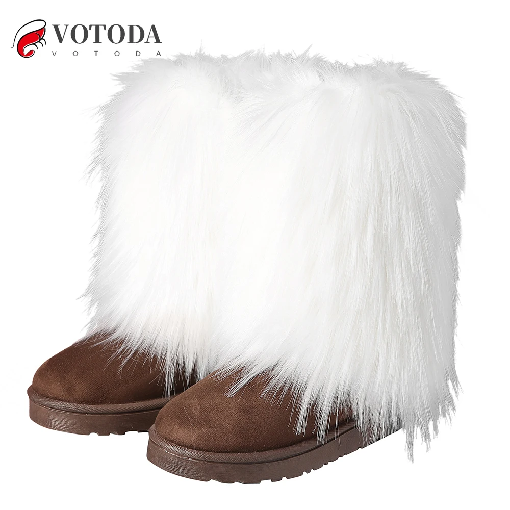 VOTODA New Women Fur Boots Faux Fur Snow Boots Warm Short Plush Lining Fluffy Winter Boots Fashion Furry Shoes Woman Fuzzy Boots