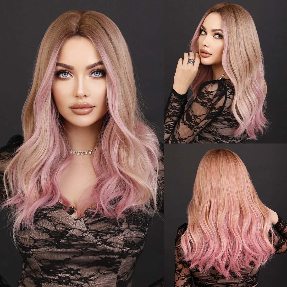 NAMM Long Wavy Ombre Blonde Wig for Women Daily Cosplay Natural Middle Part Synthetic Pink Wigs Heat Resistant Lolita Wig