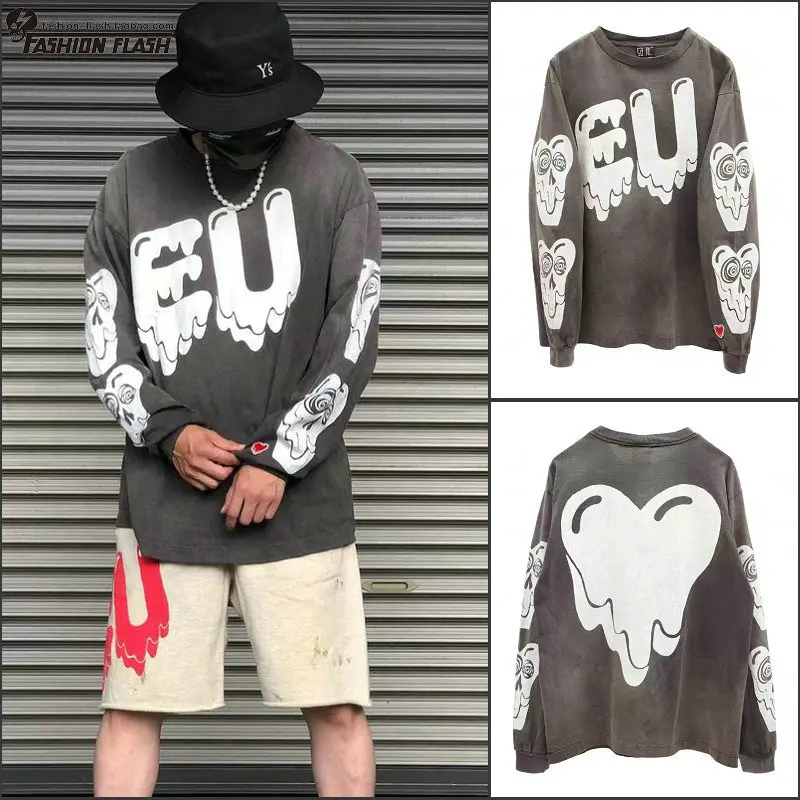 

Retro Vintage Long Sve T-irt Hoodie Cra Print High Street Collaborative Loose Fit Youthful ular Cotton Sweatirt