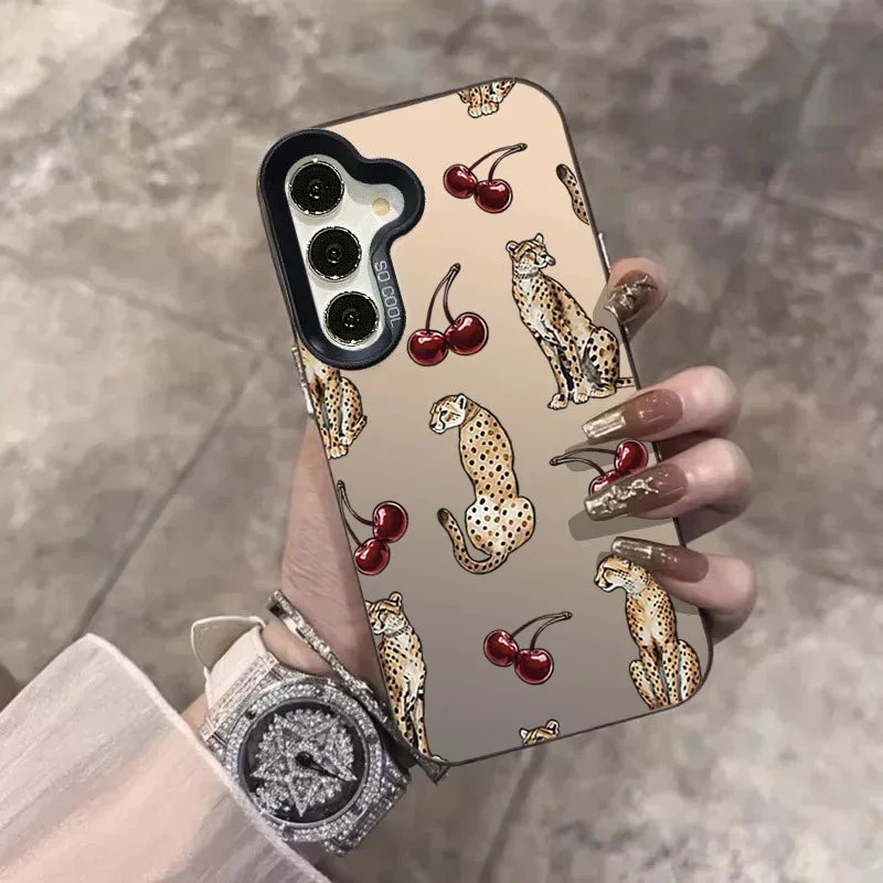 Coque de téléphone Laser Design léopard cerise, étui pour Samsung Galaxy S25 FE S24 Ultra S23 S22 Plus A56 A55 A54 A53 A36 A26 A16