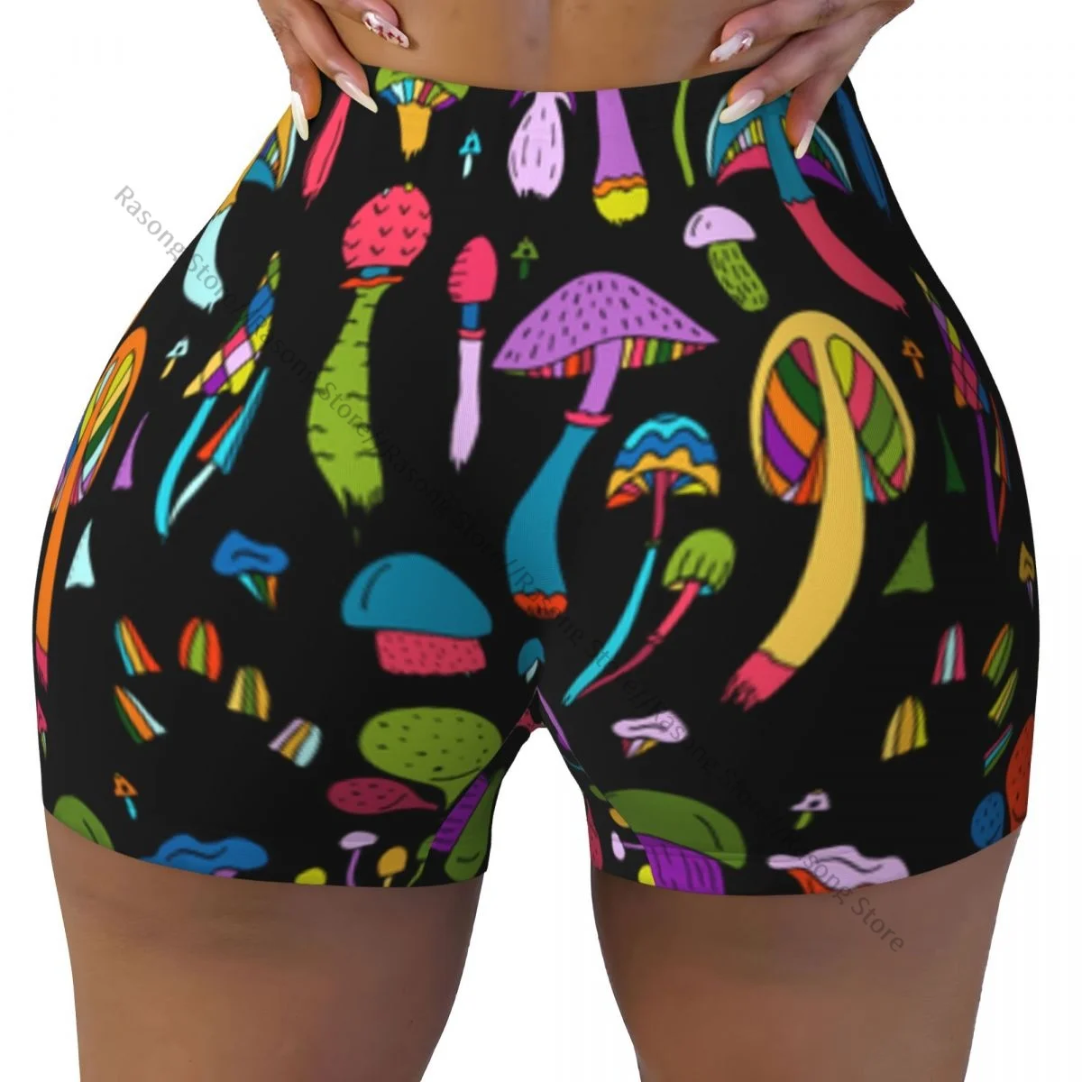 Shorts de ioga de elastano para mulheres com padrão de cogumelos e shorts de treino