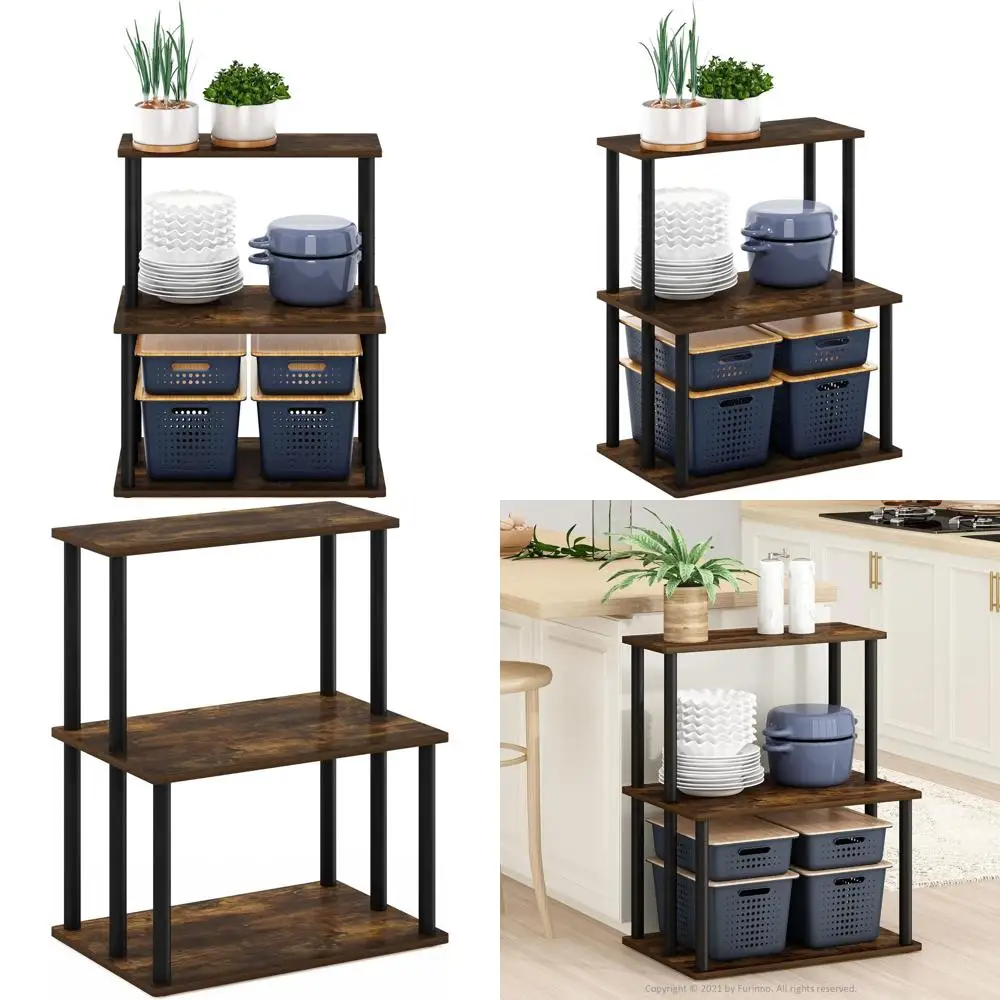 

3-Tier Kitchen Storage Rack, Amber Pine & Black, Turn-N-Tube Design
