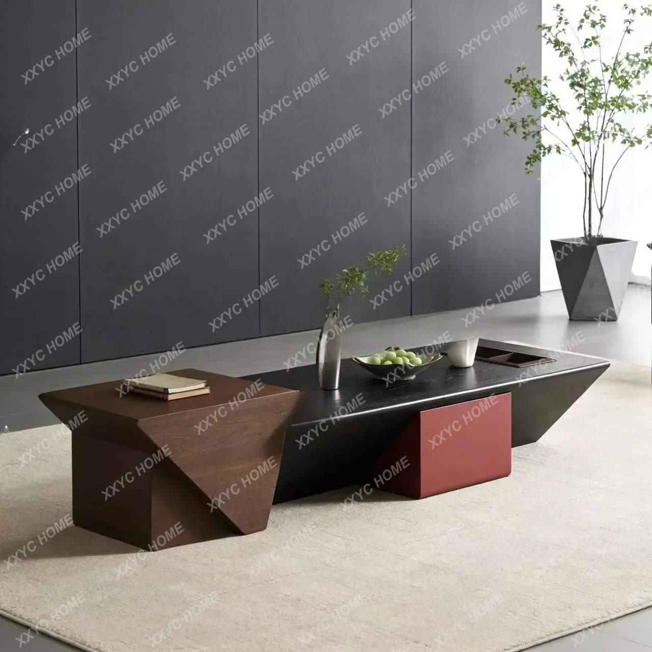 Modern minimalist contrasting color solid wood splicing coffee table irregular