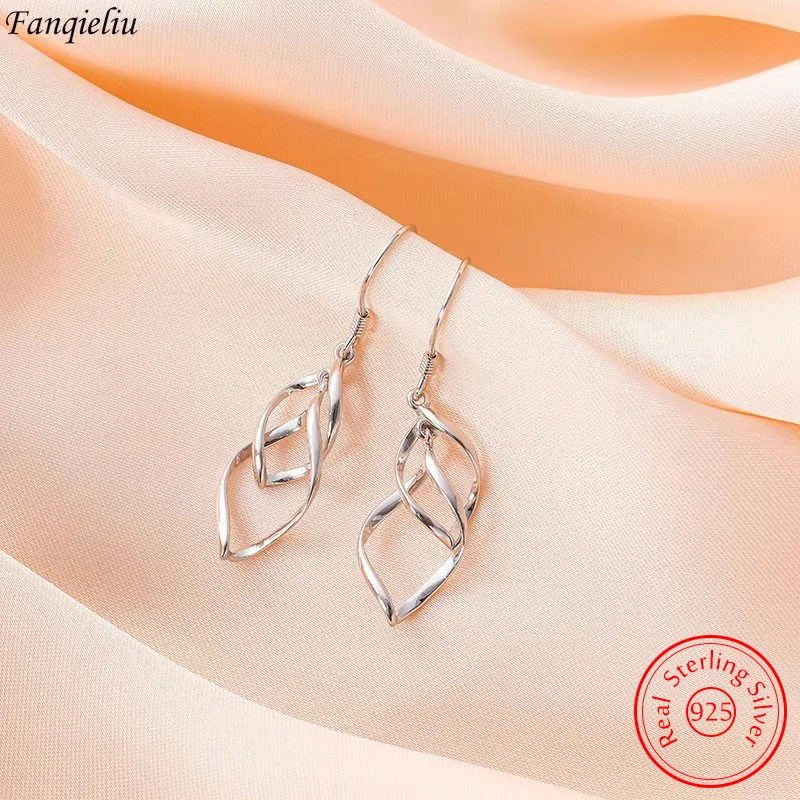 

Solid 925 Sterling Silver Fashion Jewelry Double Hollow Leaf Drop Earrings For Women New FQL23506