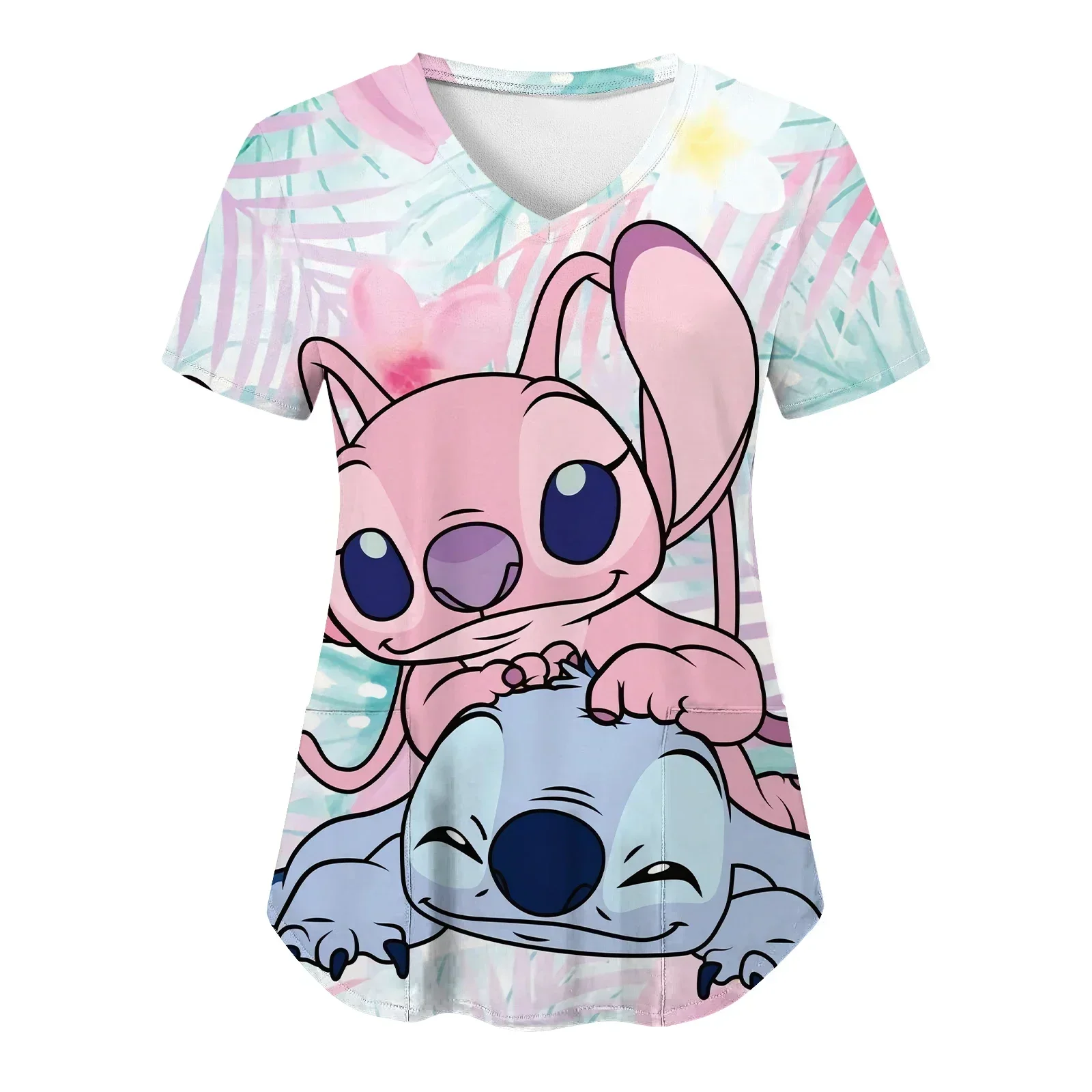 

Nurse Uniform Women Short Sleeve Disney Stitch Working Uniform Pocket Blouse Tops Nurse Parent Child Clothing Short Sleeve