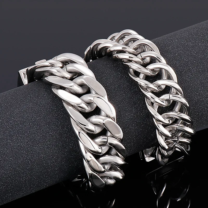 22mm Heavy Punk Retro Double Curb Cuban Chain Bracelet Men Women Rock Hiphop Shiny Stainless Steel Fashion Bike Bangle Jewelry