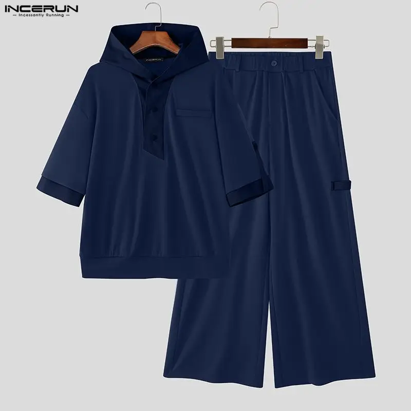 INCERUN مجموعات الرجال المرقعة اللون كتلة مقنعين قصيرة الأكمام بلوزات وسراويل قطعتين مجموعات الشارع الشهير فضفاض الرجال الدعاوى غير رسمية #6