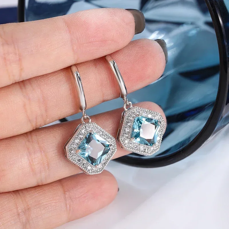 Fashionable 925 Sterling Silver Earrings for Womes Children Exquisite Square Geometric Jewelry Brilliant Blue Zircon Earring