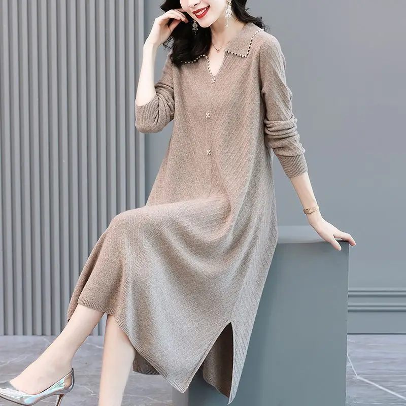 Basic Solid Color Knitted Midi Dress Women\'s Clothing Chic Beading V-Neck Autumn Winter Solid Color Loose A-Line Split Dresses