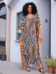 2024 Sexy Zebra Striped Printed V Neck Batwing Sleeve Plus Size Kaftan Summer Beach Cover-ups For Women Cozy House Dress Q1615