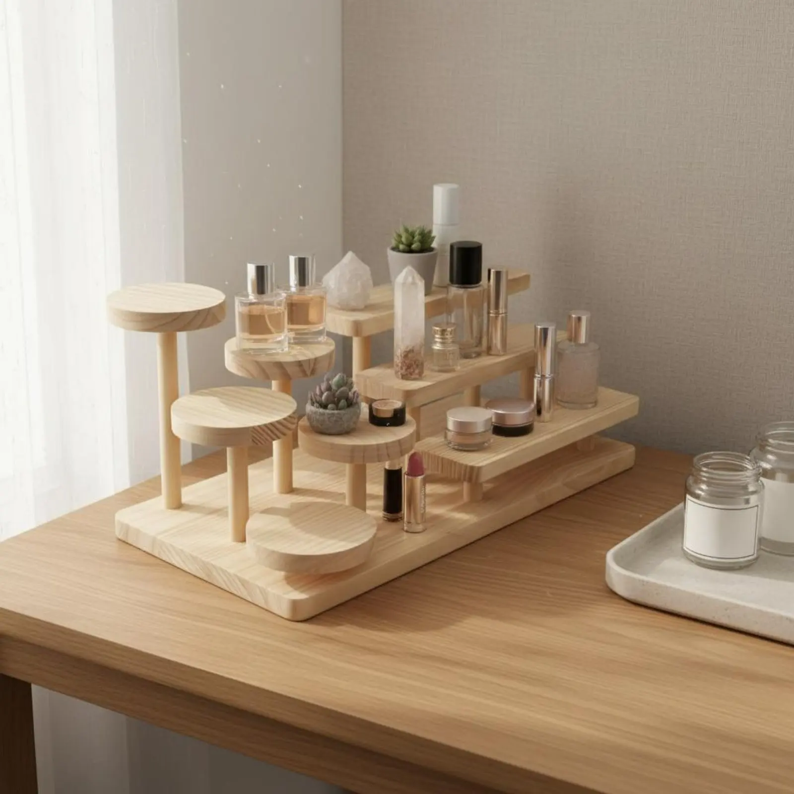 Wooden Display Riser Rustic Design Tiered Display Rack Desktop Storage Rack Sturdy Build Easy to Clean