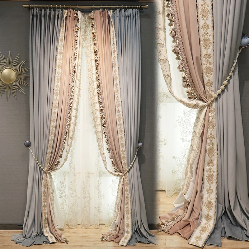 

New French Style Light Luxury Gray Stitching Pink High-grade Velvet Curtains, Lace Embroidered Curtains for Women Room