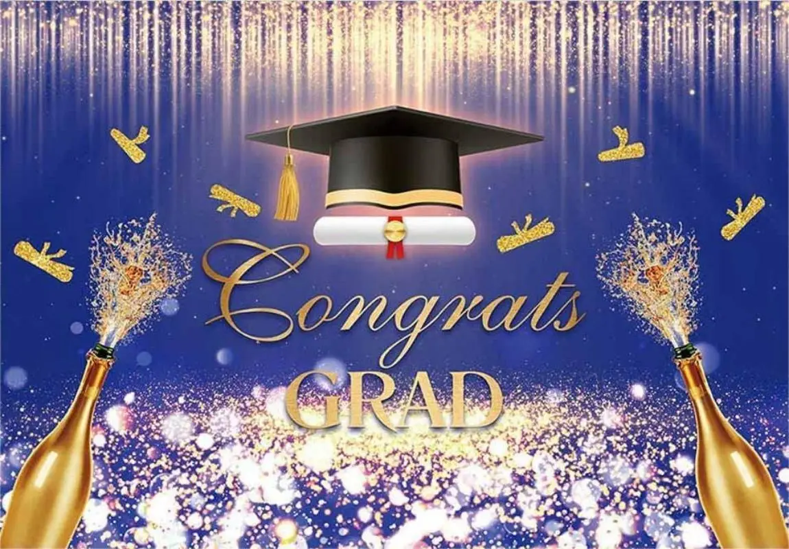 Congrats Grad Backdrop Blue Gold Glitter Decorations Class of Congratulate Graduation Prom Party Banner Photography Background