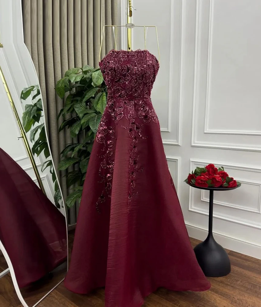 

Customized Fashion Organza A-Line Appliques Sequined Beading Evening Dress Delicate Sleeveless Strapless Special Occasion Gowns