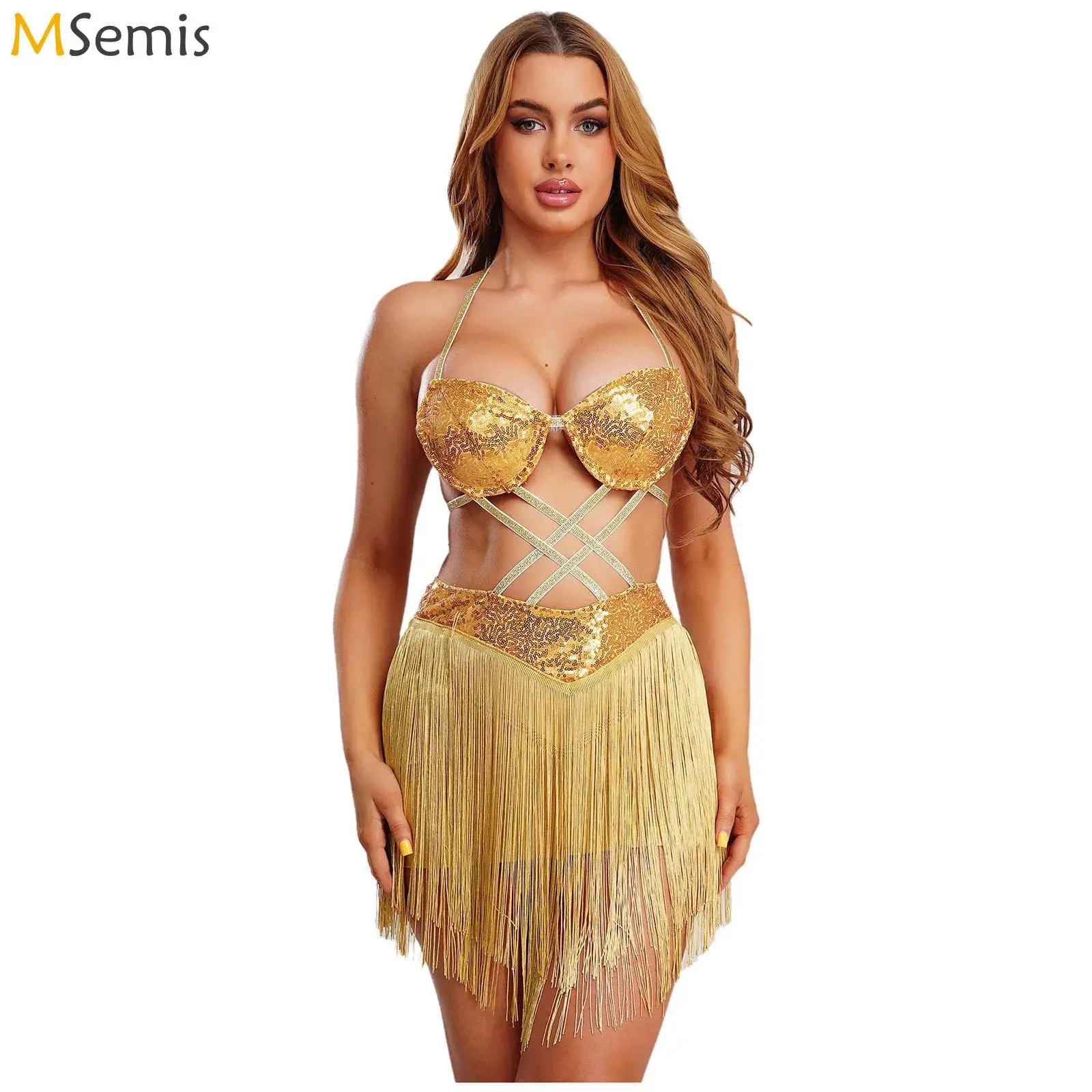 

Women Glittery Sequin Halter Push-up Bra Mini Dress Tassel Belly Latin Tango Cha-cha Ballroom Dance Performance Dress Costume
