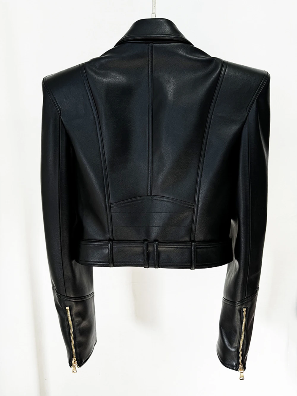 Modphy 2026 New Slim Double Dreasted Pu Faux Leather Short Jacket with Belt Streetwear Female Retro Moto Biker Coat Outwear