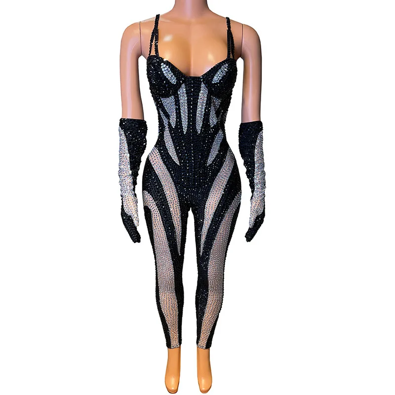 Women Sexy Black White Rhinestones Outfit Jumpsuit With Gloves Transparent Birthday Dance Stage Evening Celebrate Club Bodysuit image 3