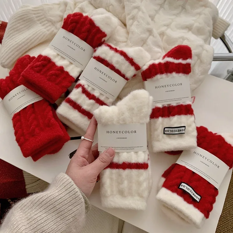 

6 Pairs Winter New Year Velvet Socks with Red White Stripes for Women Mid Tube Socks Girls Warm Plush Red Socks Christmas Gift