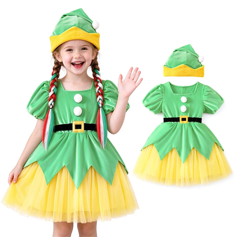 Toddler Girls Velvet Christmas Elf Costume Dress with Hat Xmas Carnival Kids Stage Performance School Play Masquerade Dress Up