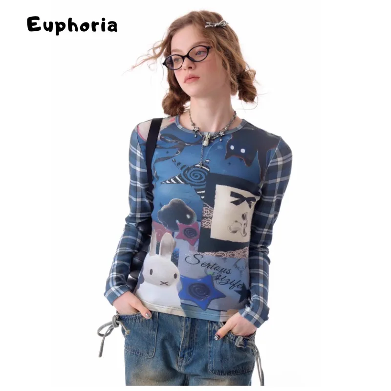 تي شيرت Euphoria Y2K غير رسمي منقوش بأكمام طويلة ورقبة مستديرة تي شيرت نسائي صيفي موضة 2000S تي شيرت علوي