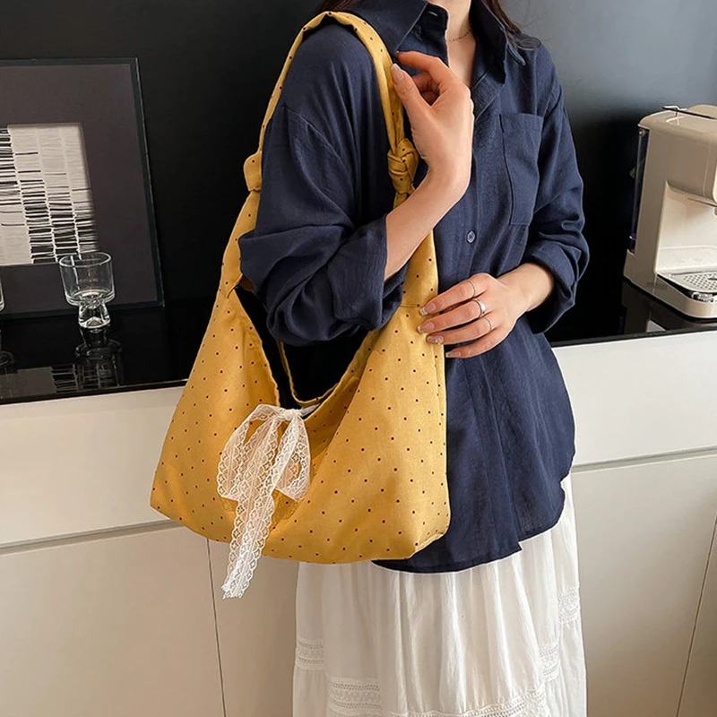 Sweet Pink Polka Dot Canvas Tote Bag Lace Bow Decor Large Capacity Shoulder Bag for Women Casual Daily Shopping & School Bag